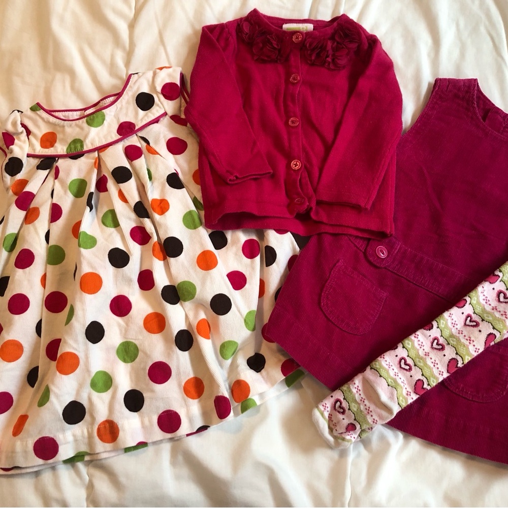 6-12m 2 dress bundle, w/cardigan & tights
